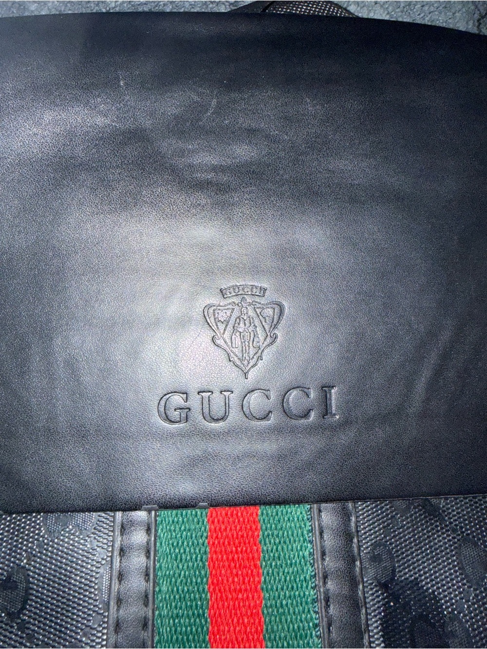 GUCCI logo Black Leather Backpack with Green and Red Web Stripe